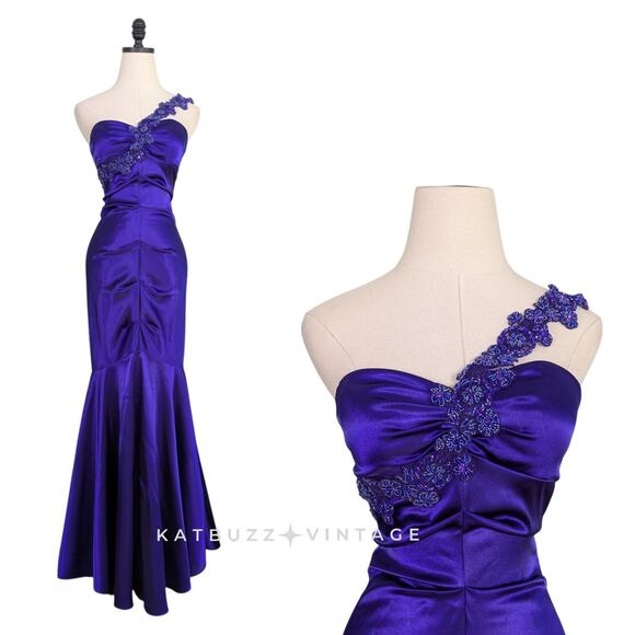 Vintage Cache Prom Dress Maxi Gown 4 Purple Mermaid 90s Y2K Satin Glam Beaded - Picture 1 of 10